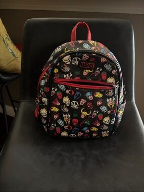 Marvel Black Mini Backpack with Red Trim and Multicolor Character Icons/Unisex